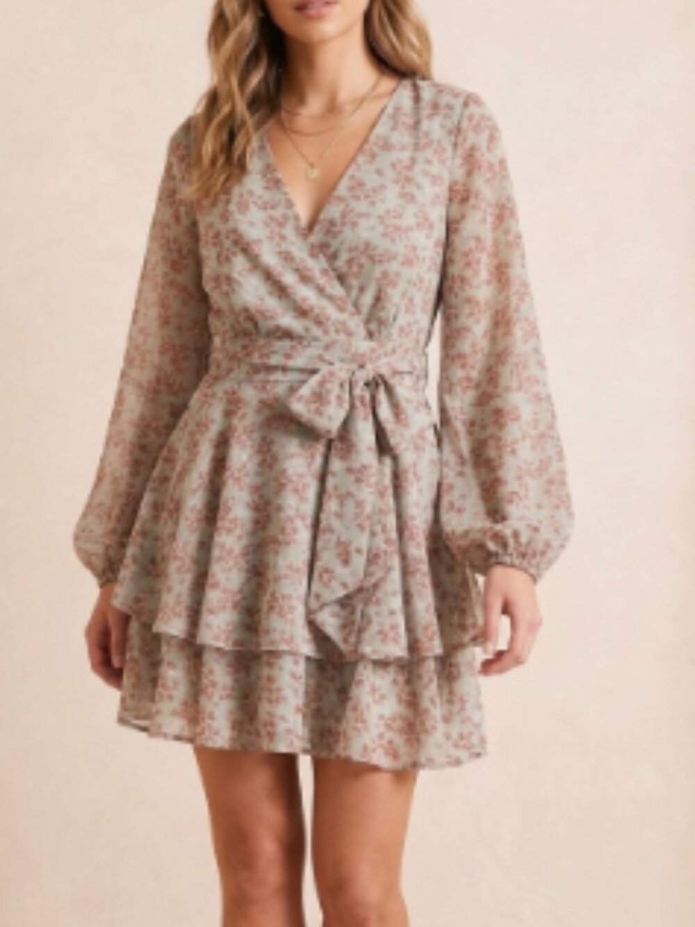 Japna Sage Green Terracotta Floral Smocked Tiered Ruffle Dress Large